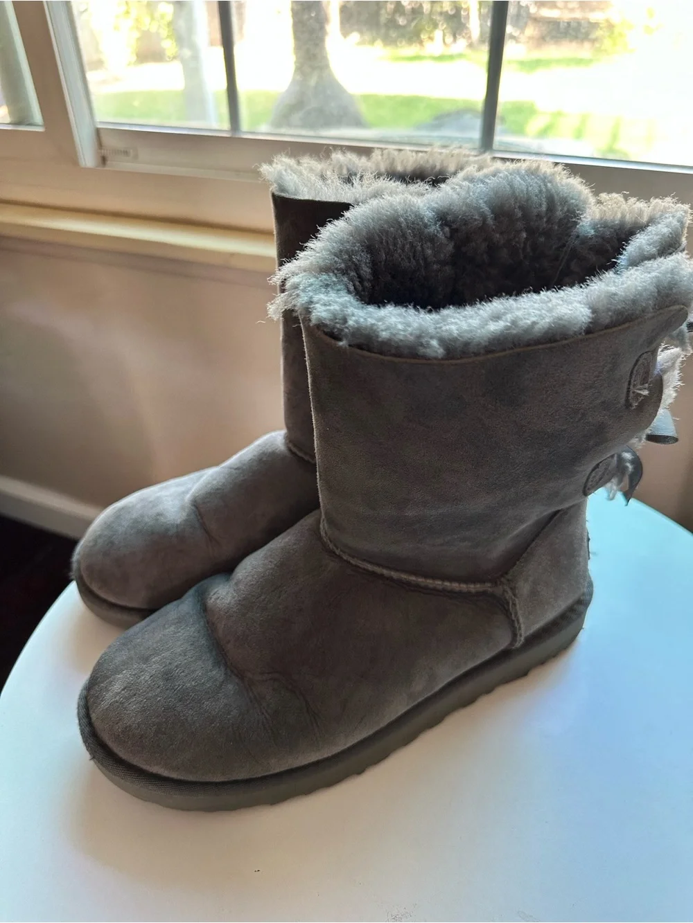 UGG Women's Gray Suede Shearling Winter Boots with Back Bow